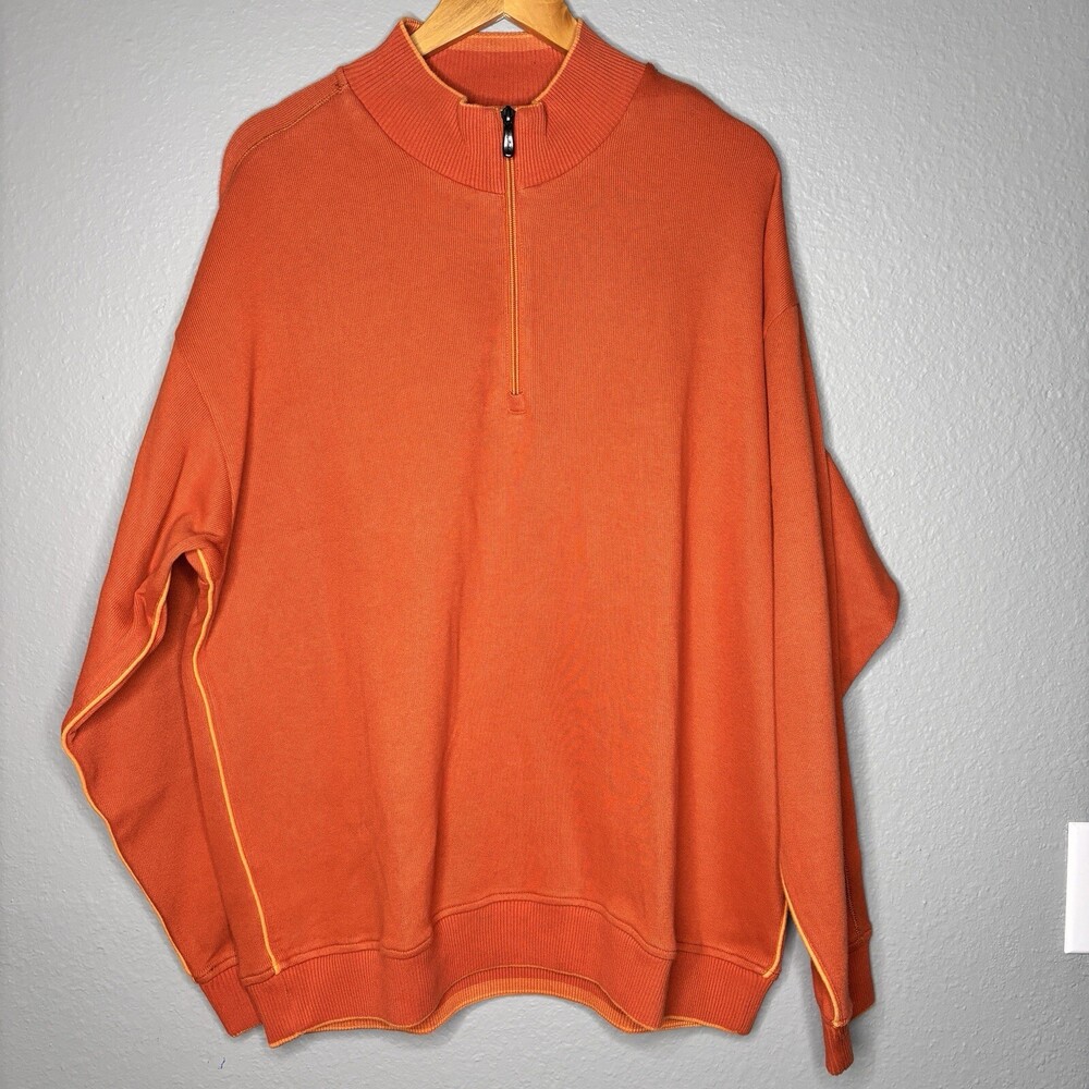 Tommy Bahama 1/4 Zip Sweater Sz XL Pullover Orange Mock Neck Cotton Fish Golf